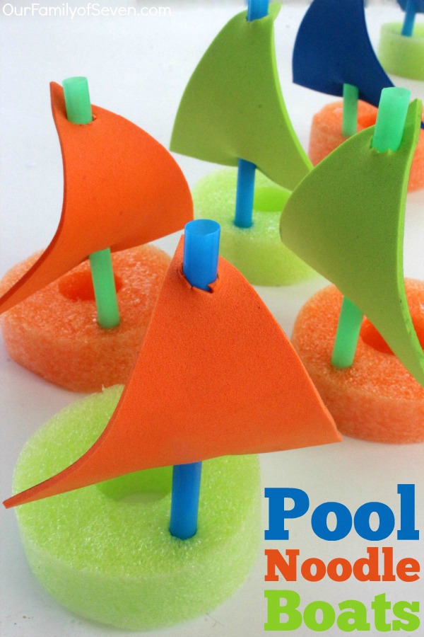 DIY Pool Noodle Boats- Super fun water activity for the kiddos this summer. Inexpensive and super easy to make. Find all items at the Dollar Store.