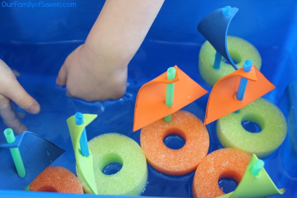 DIY Pool Noodle Boats- Super fun water activity for the kiddos this summer. Inexpensive and super easy to make. Find all items at the Dollar Store.