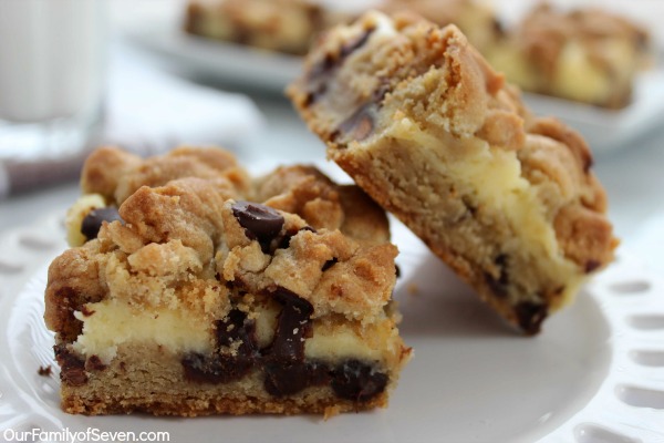 Chocolate Chip Cheesecake Bars- All the favorite flavors of chocolate chip cookie and cheesecake all in one fabulous dessert!