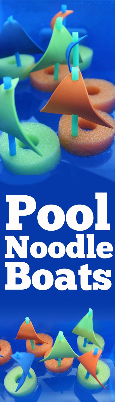 DIY Pool Noodle Boats- Super fun water activity for the kiddos this summer. Inexpensive and super easy to make. Find all items at the Dollar Store.