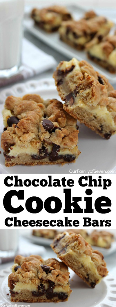 Chocolate Chip Cheesecake Bars- All the favorite flavors of chocolate chip cookie and cheesecake all in one fabulous dessert!