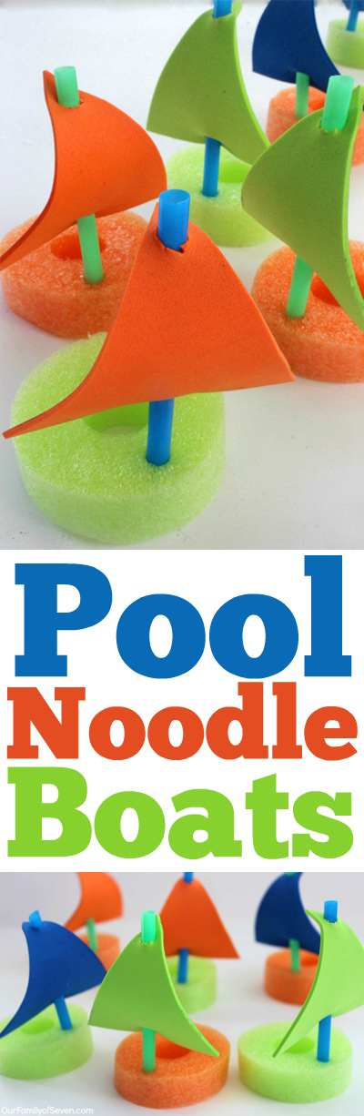 DIY Pool Noodle Boats- Super fun water activity for the kiddos this summer. Inexpensive and super easy to make. Find all items at the Dollar Store.