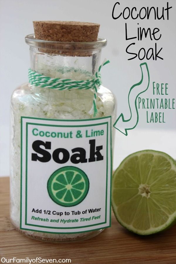 Coconut Lime Soak- Perfect for re-hydrating and refreshing tired feet. Makes for a great Mother's Day or other DIY Gift. Includes a FREE Printable.