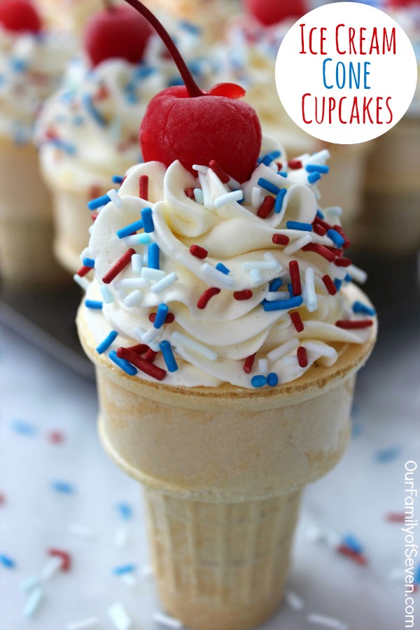 Ice Cream Cone Cupcakes- Super simple and fun dessert. Great treat for parties. Perfect for July 4th.