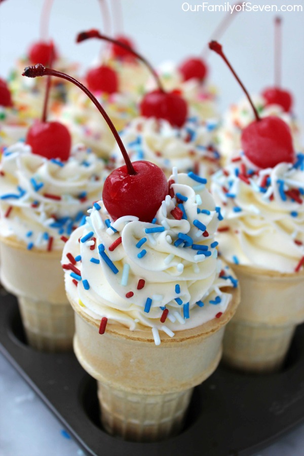 Ice Cream Cone Cupcakes- Super simple and fun dessert. Great treat for parties. Perfect for July 4th.